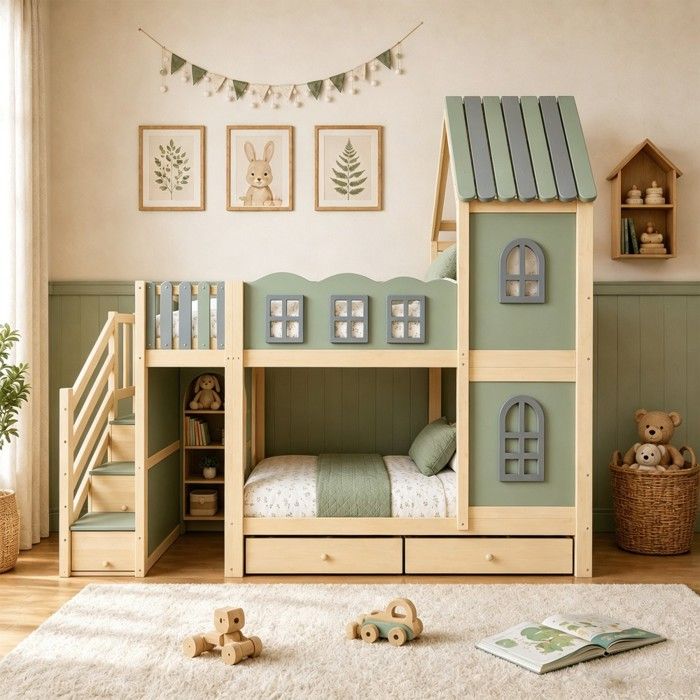 Lit superposé enfant bois vert 90x200 cm barrière nuage toit fenêtres échelle tiroirs lit double garçon fille sans matelas Lit superposé enfant bois vert 90x200 cm barrière nuage toit fenêtres échelle tiroirs lit double garçon fille sans matelas