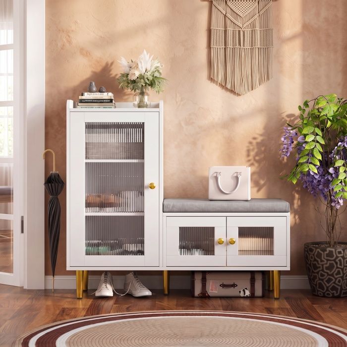 Banc à chaussures avec assise rembourrée armoire haute latérale avec porte et étagère de rangement pour couloir entrée blanc