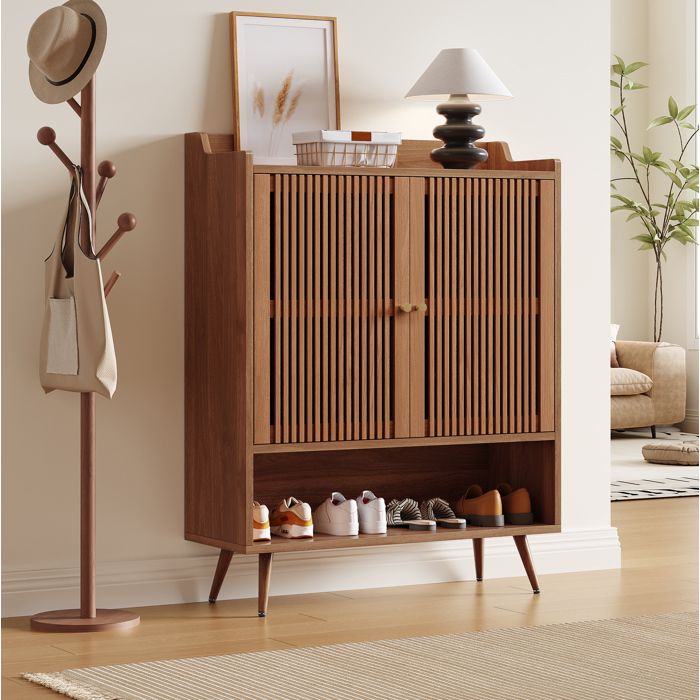 Meuble à Chaussures 2 Portes Rainurées avec Niche Ouverte et Étagère Fixe - BEAUNIV - Entrée 80×35×105 cm Marron