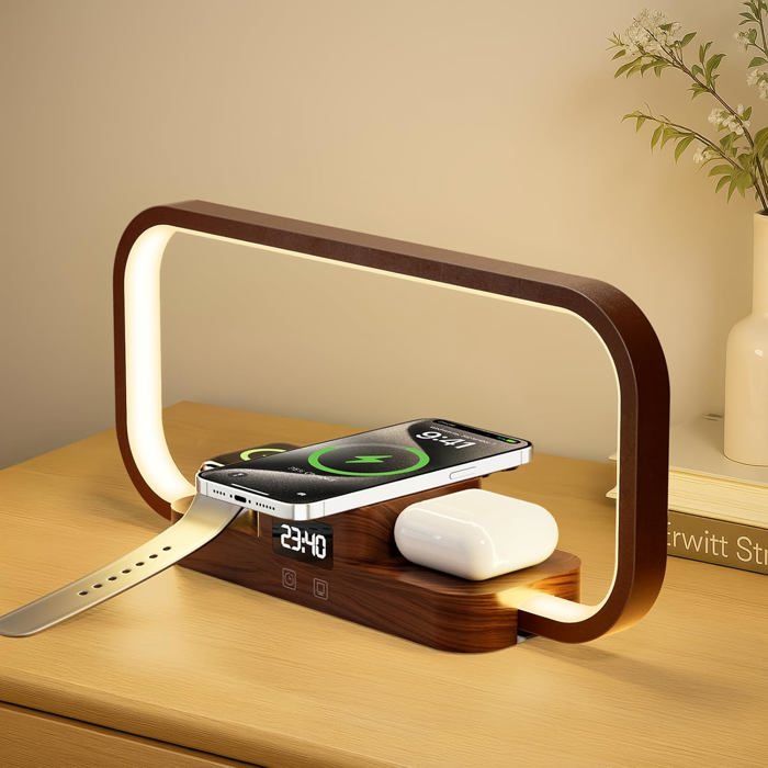 3-En-1 Lampe De Chevet Avec Chargeur Sans Fil & Port Usb Lampe Table Mable 5 Couleurs À Commande Tactile Station De Charge[LL557]