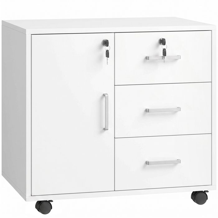 LIA Caisson bureau meuble de rangement verrouillable avec 3 tiroirs et étagère réglable roulettes 40 x 60 x 56 cm blanc