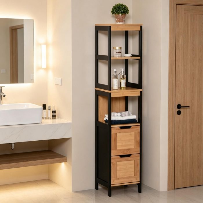 Meuble Colonne Rangement Salle de Bain 30L x 30l x 144H cm Noir Style Cosy-3 étagères-2 tiroirs-Bambou