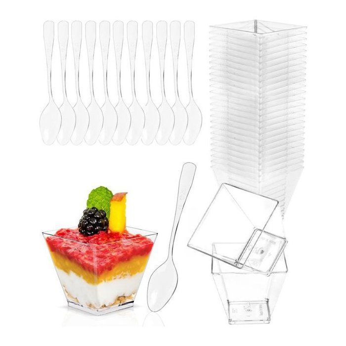 Lot de 50 verrines carrées réutilisables en plastique 60 ml/2 oz avec 50 cuillères - Pour pudding mousse glace et desserts de fête