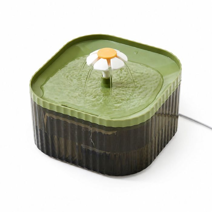 Fontaine à Eau Chat Distributeur Automatique Filtration 4 Couches Design Fleur Tournesol ABS Sécurisé pour Chien et Chat Vert
