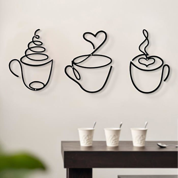 Décoration murale - SONGHUI - Tasses à café - Lot de 3 tailles - Métal noir antirouille - Fixation clous fournis