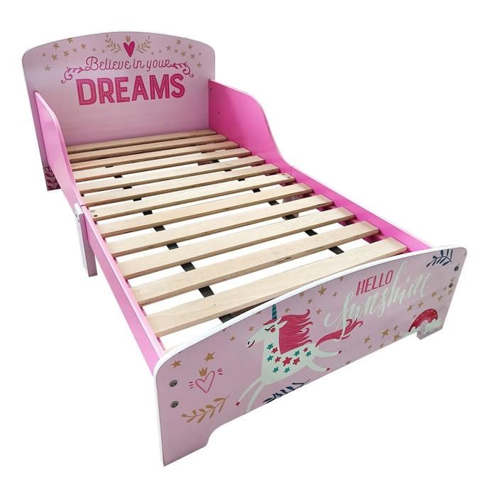 Lit enfant licorne rose barrière sécurité + table nuit + sommier lattes Junior fille 142 4×77×60 cm Matelas 140×70 cm