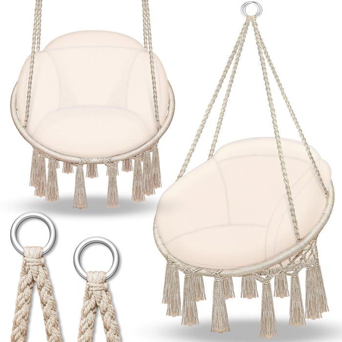 Hamac Chaise Suspendu avec Coussin Fauteuil Relax à Franges Intérieur et Extérieur Charge 200 kg Kit Suspension Inclus