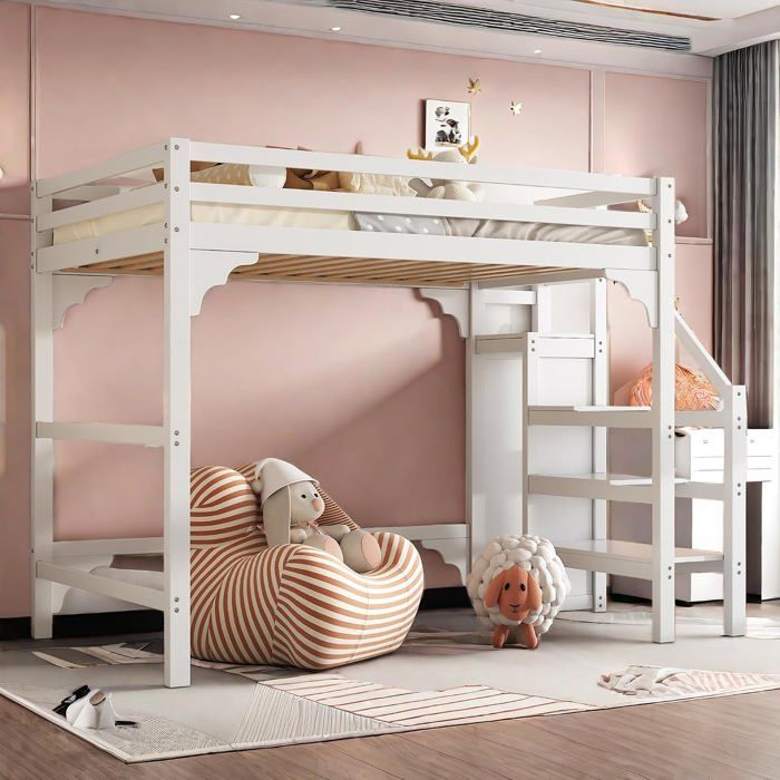 Lit Cabane Enfant 2 Places 140x200 en Bois Massif avec Barrière Penderie Escalier Sommier à Lattes Blanc