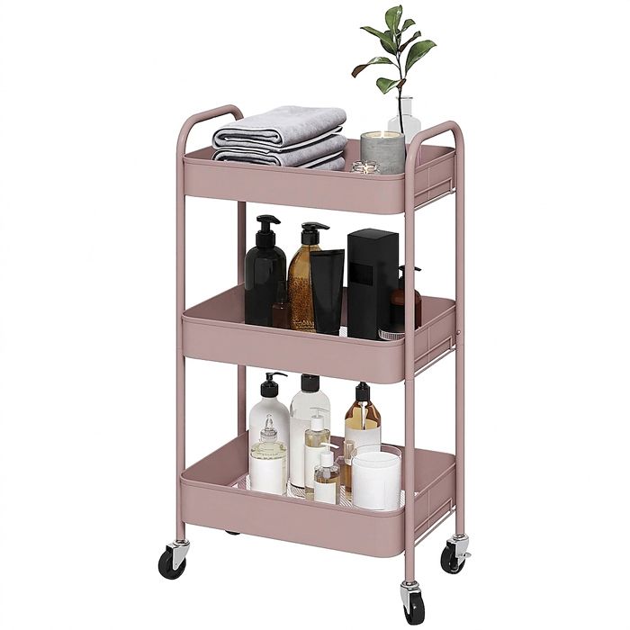 Desserte de Cuisine - Chariot de Rangement Rose 3 Plateaux Ajourés Acier - 45 x 30 6 x 79 cm - Rose