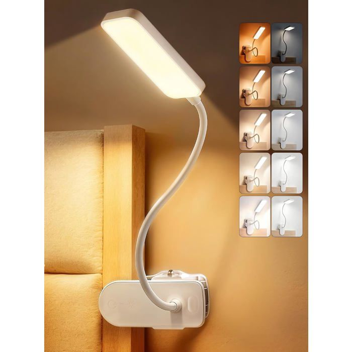 Lampe de Lecture à Pince 9 Luminosité+5 Couleurs Lampe de Bureau Batterie de 4000mAh Lampe de Chevet Sans Fil 450 Lumen Lampe LED