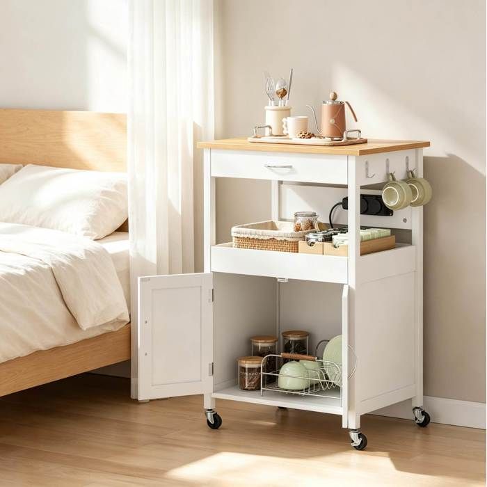COVREO Desserte de cuisine mobile 60 x 45 x 92 cm en MDF E1 2 prises 4 roulettes tiroir placard effet bambou et blanc