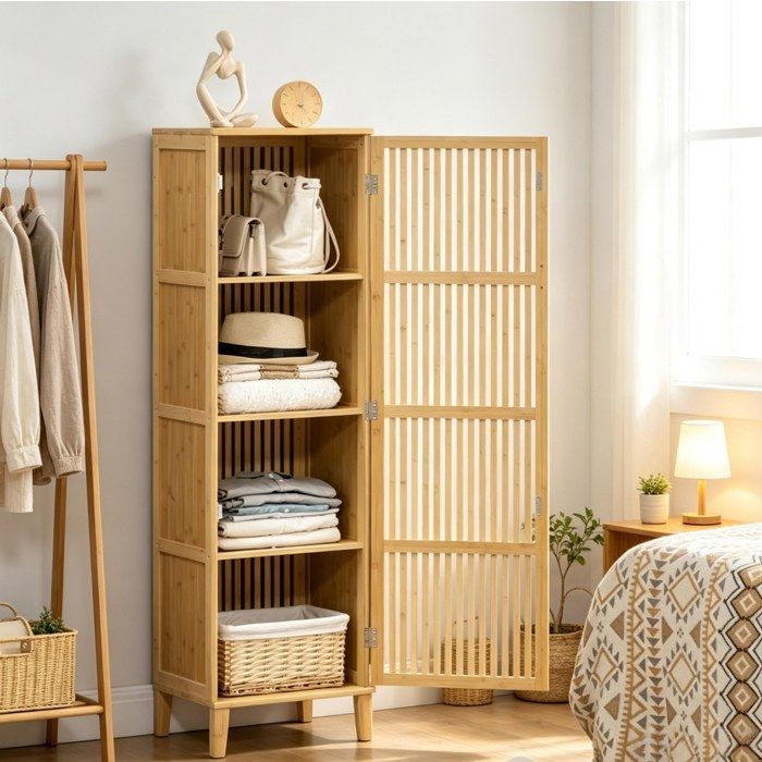 MEUVYX Meuble de salle de bain - Armoire haute en bambou avec porte à lattes et 4 étagères - Naturel 40×30×140 cm