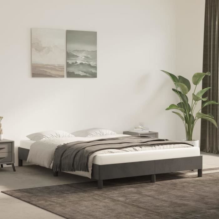 Cadre de lit - AKOZON - 140x190 cm - Velours gris foncé - 2 places - Montage facile