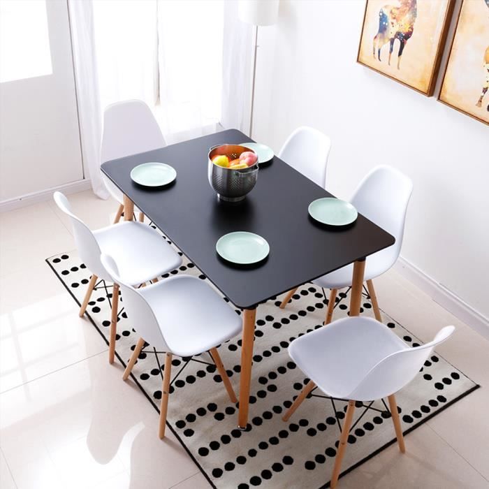 yis ensemble table à manger économique scandinave - table à manger noir + 6 chaises blanc - pieds en bois hêtre - 110 x60 x75 cm