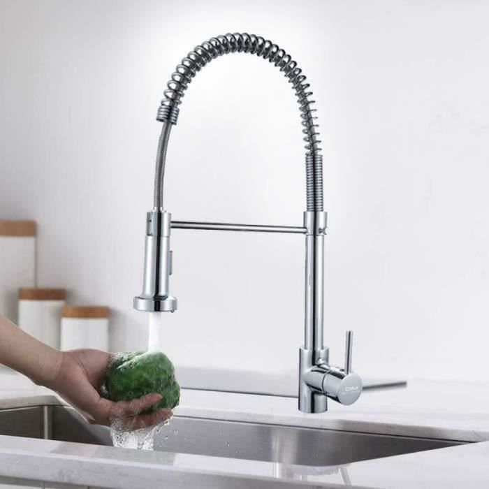Robinet de cuisine Pro - Douchette et flexibles dalimentation - Laiton chromé