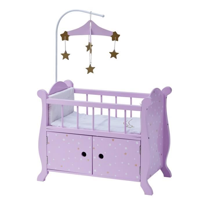 howa berceau de poupée en bois Rainbow rose avec 2 oreillers et ciel de  lit, imprimé pailleté mauve 23002