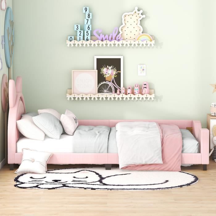 lit simple enfant 90 x 200 cm en bois en forme d'oreilles en carton, rose