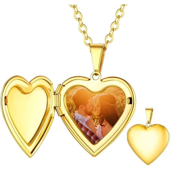 Collier Porte-photo Cœur Plaqué Or 18K - Pendentif Médaillon Femme Doré, Longueur 55 Cm, Motif Texture, Neuf Avec étiquettes