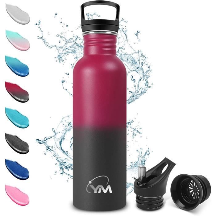 Gourde Inox Isotherme 1L Avec Marqueur De Temps - Double Couvercle (Paille/Poignée) - Garde Chaud 12h, Froid 24h