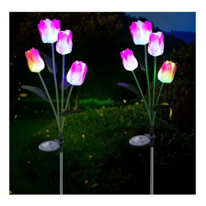 Lot de 2 lampes solaires pour extérieur de jardin - Lampes solaires étanches avec tulipes violettes LED - Paysage changeant