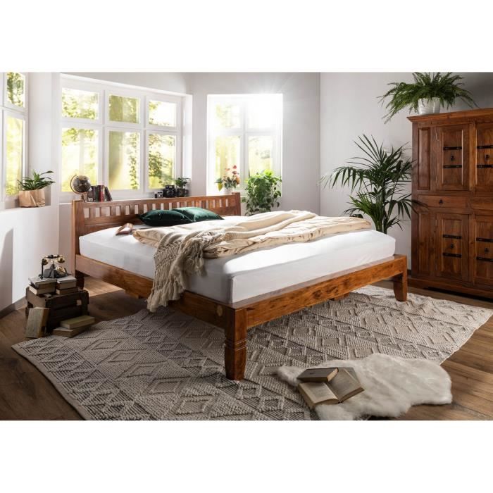 Stucture lit 200x200 - Bois massif dacacia laqué (Miel) - Style colonial -OXFORD #224