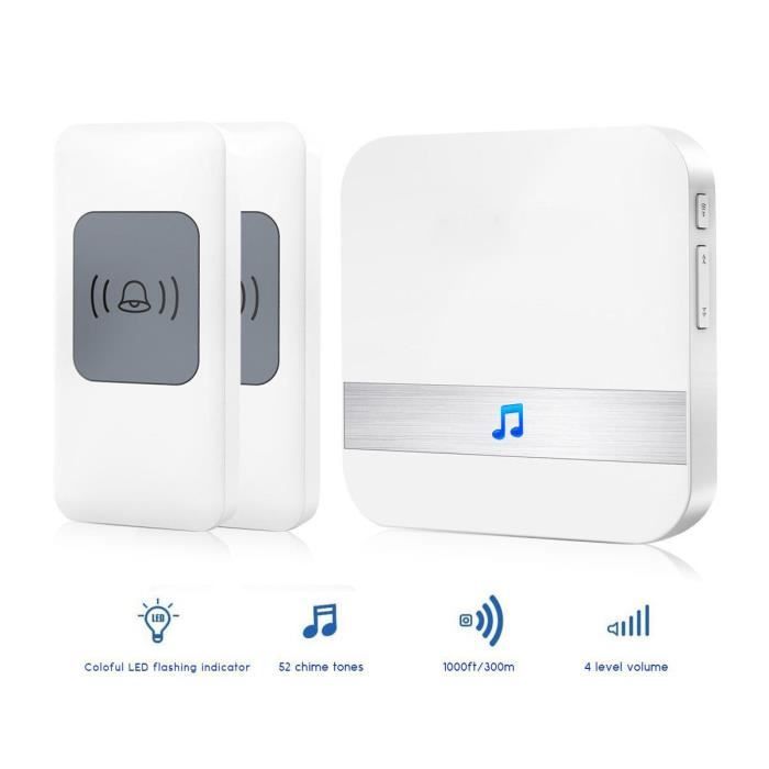 52 Carillons,4 Niveau De Volumes 2 LED Lumi/ère De Nuit Pour Maison Jardin Bureau Blanc Sonnette Solaire /étanche Ext/érieure Longue Port/ée 300M Kit de Sonnette-Carillon de Porte Musique Sans Fil