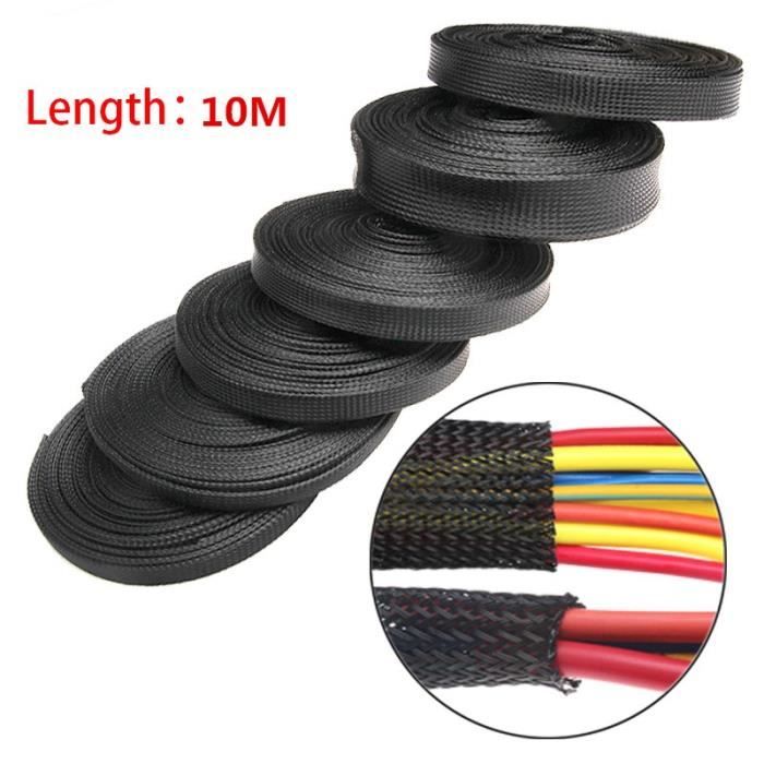Manchon Tressé Extensible PET Aicosineg 10m – 6mm à Plat – Noir/argenté – Protection Câbles Auto, Audio, Ordinateur – Résiste -60° à +125°
