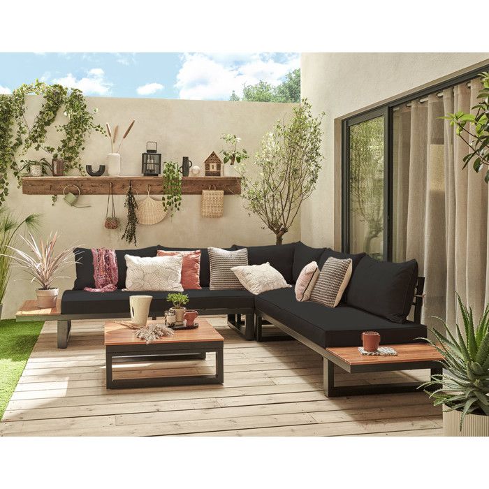 Salome - salon bas de jardin 5 places + table - modulable - bois métal et coussins noirs - Noir et bois Salome - salon bas de jardin 5 places + table - modulable - bois métal et coussins noirs - Noir et bois