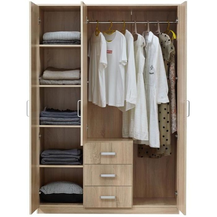 Armoire de chambre Bodolz 5 étagères 3 tiroirs + miroir MDF 176 x 120 x 52 cm effet chêne sonoma
