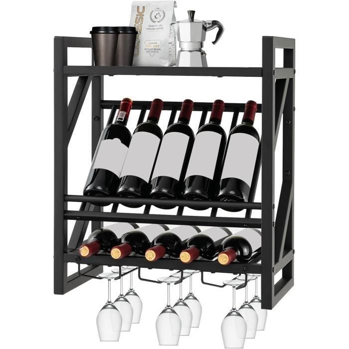 COSTWAY Étagère à Vin Mural Casier à Vin 2 Étages - Porte-Bouteilles Fixation Murale Brun | Rangement Élégant Pour Cuisine Et Salon