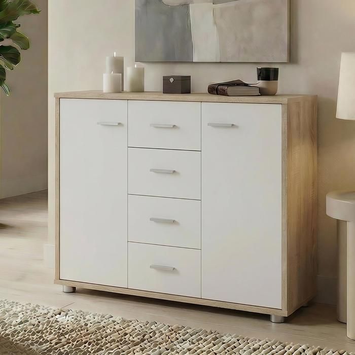 Buffet salle à manger ELODIE L 89 cm coloris chêne sonoma et blanc avec 4 tiroirs et 2 portes bahut bas