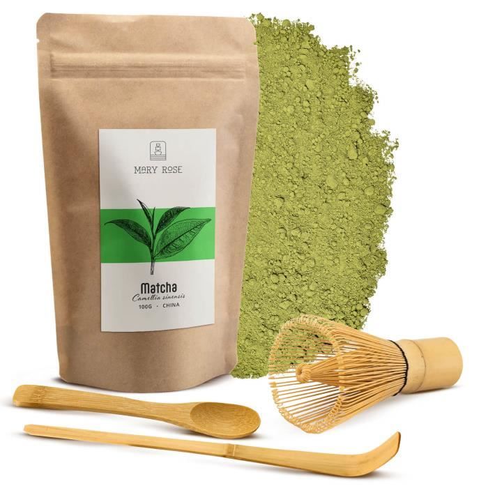 Kit Matcha Mary Rose 100g Accessoires en Bambou - Fouet à thé Chasen Cuillères Chashaku