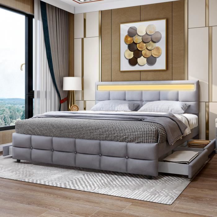 Lit Cofe 160x200 Avec LED Et Tête De Lit, Lit Capitonné Avec Sommier A Lattes Lit Double Gris