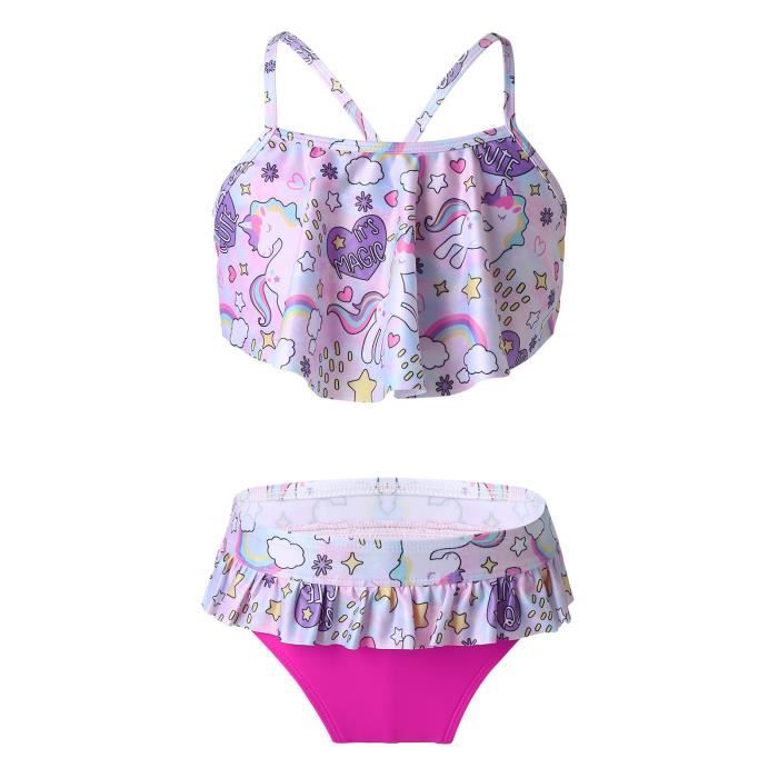 Maillot De Bain Une Pièce Licorne Pour Fille - Bretelles Réglables, Jupe à Pompons - Piscine, Plage, été