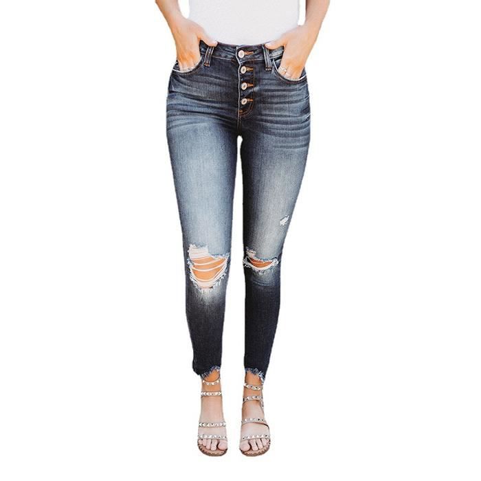 FUNMOON Jeans Femmes Trous Déchirés High Stretch Taille Moyenne
