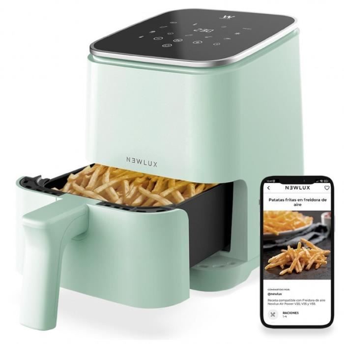 NEWLUX-Friteuse sans huile 2l Air Power V20 Vert (1200W) avec 8 programmes et jusqu'à 230℃. Application de recettes, sans PFOA