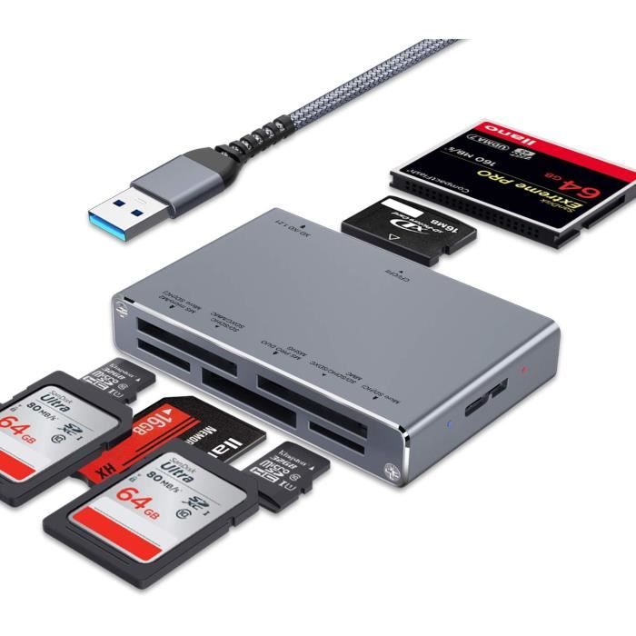 Lecteur De Cartes 7 En 2 USB-C Et USB 3.0 - Lecture Simultanée De 5 Cartes SD - Ultra Rapide 5 Gbit/s - Pour PC, Mac Et Smartphone