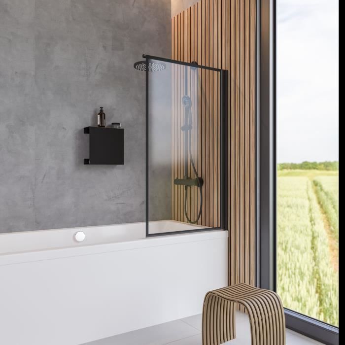 Schulte pare-baignoire 80x140 cm écran de baignoire pliant réversible volet pivotant verre 5 mm décor carré noir
