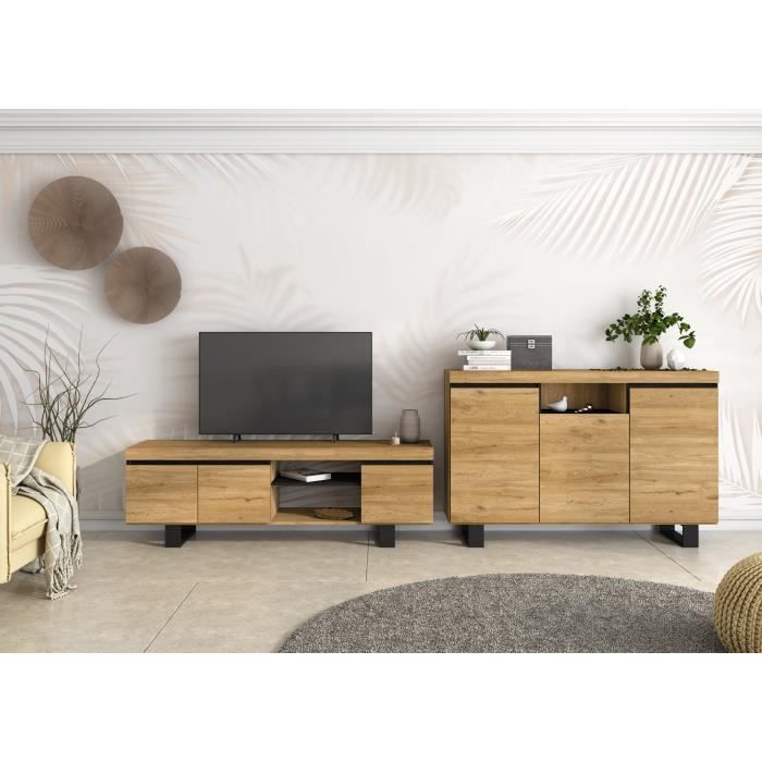 Skraut Home - Set Naturale salle à manger, meuble auxilier, buffet-meuble TV 160cm chêne nordique noir