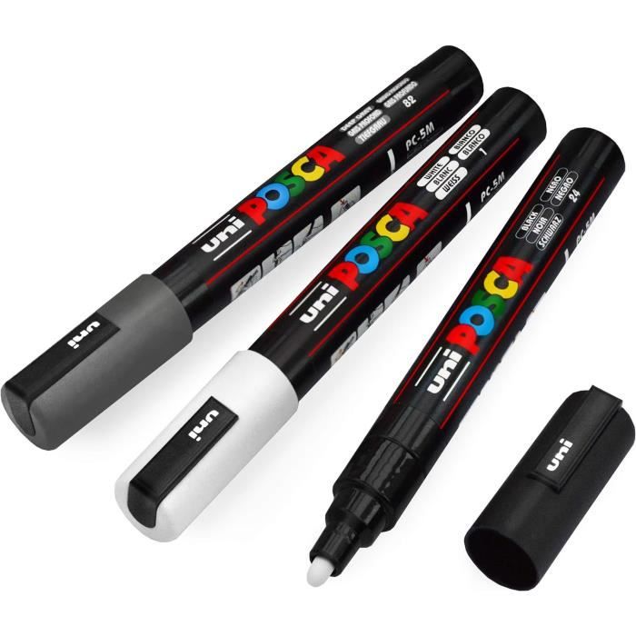 Posca PC-1MR Lot De 2 Marqueurs Peinture Fine 0.7 Mm - Noir Et Blanc - Pointe Ultra-Précise Pour Tous Supports