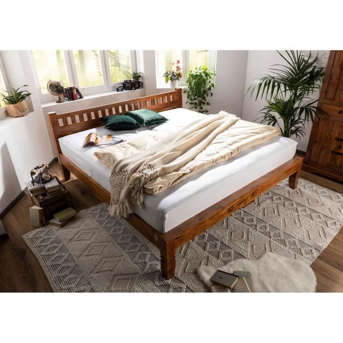 Letto In Legno Di Acacia Con Cassetti - Misura 200x200 Cm - Modello Oxford #311 - Colore Laccato Marrone Chiaro (Doghe Non Incluse) - 4