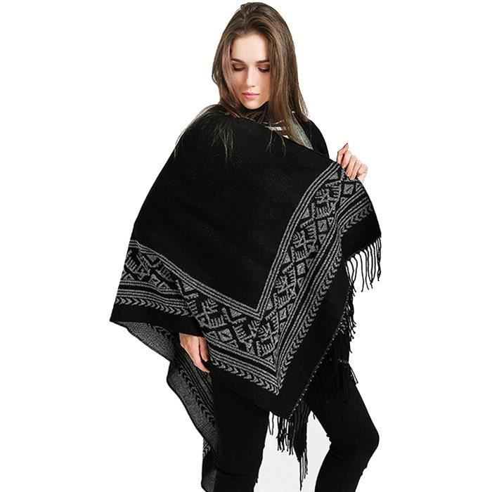 Poncho Femme Hiver élégant – Faux Cachemire, Motifs Géométriques, Réversible, 150 X 130 Cm