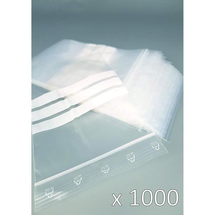Sachet zip à bandes blanches 100 x 150 mm, Résistant, Transparent