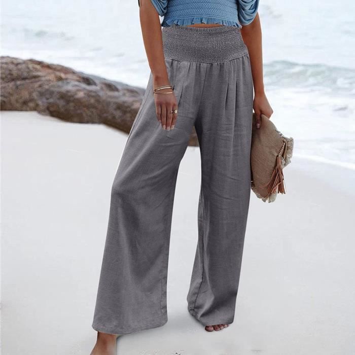Pantalon Femme Coton Lin Taille Haute Casual Leger Grande Taille Cordon Elastique Ample Pantalon Large Chic avec Poches Jogging Ambre Cdiscount Pret a Porter