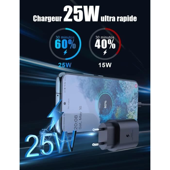 Chargeur USB C 25W, Prise de Charge PD 3.0 avec Chargeur Rapide USB C de  1,5m Câble de Charge pour Samsung Galaxy S23/S22/S21 Ultra/S21+/S20/Note20/S10/S9/A53/A80/Z  Flip 3/Z Fold 4 5G Fast Charger 