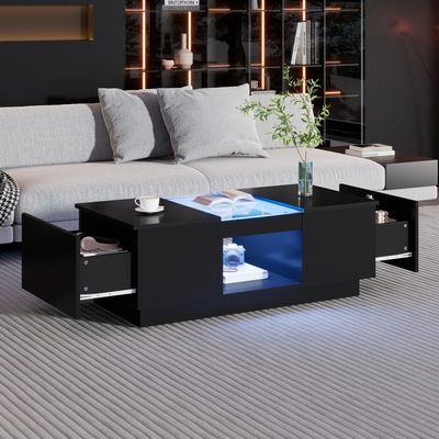 BTM Table Basse Salon, LED Table Basse Design Avec Boîte De Rangement Amovible, Blanc & Noir, 72x72x30 Cm