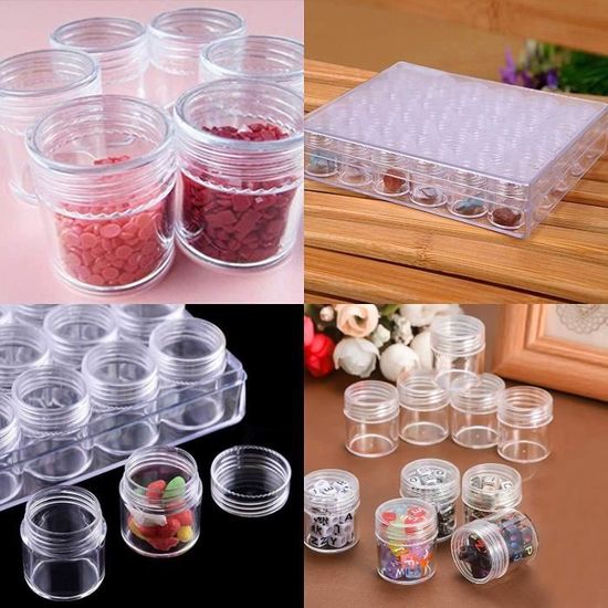 Rangement pour perles, 25 pots ronds dans boîte transparente 