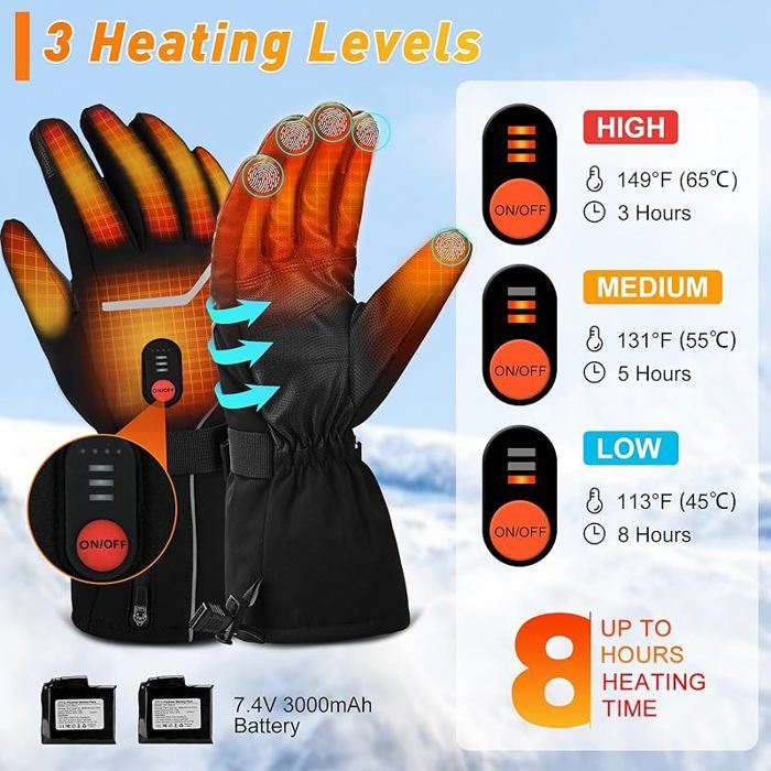 Gants chauffants 3 réglages de température pour homme et femme, gants