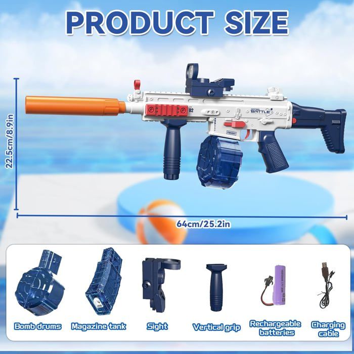 Pistolet à Eau Électrique – Automatique – 434cc + 58cc – Portée 26-32 Pieds – Batterie USB – Bleu – Enfant/Adulte