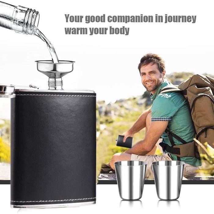 Flasque à Alcool 7oz Brun Avec 2 Tasses Et Entonnoir - Fiole Portable En Acier Inoxydable, Parfait Cadeau Saint-Valentin, Fête Des Pères Ou Anniversaire